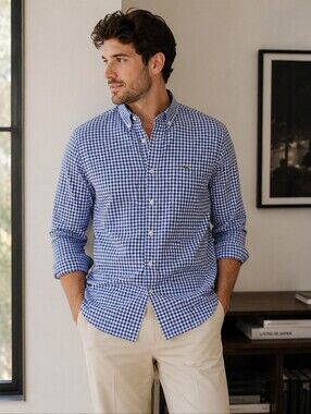 Lacoste Blue Gingham Button-Down Shirt Men's Large | Classic Cotton Stretch Prep